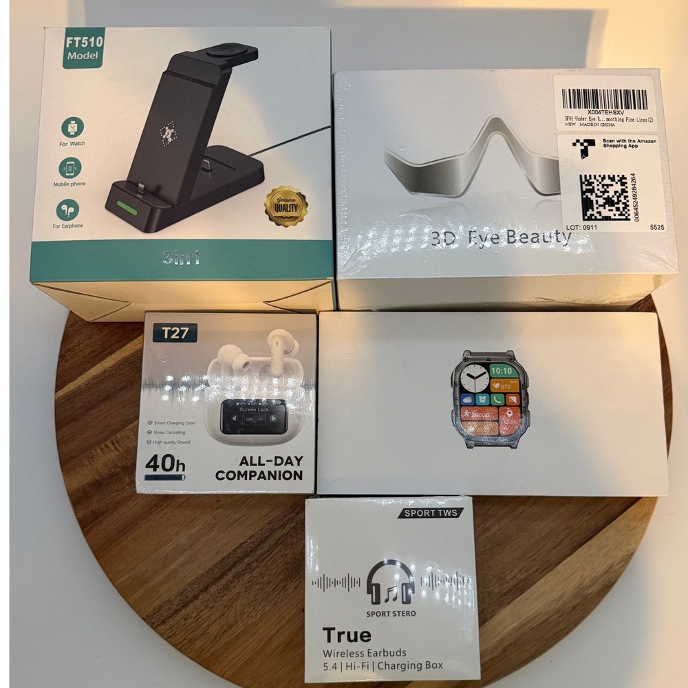 Electronics Bundle 3-in-1 Charger T27 Earbuds Tank Smart Watch 3D Eye Beauty